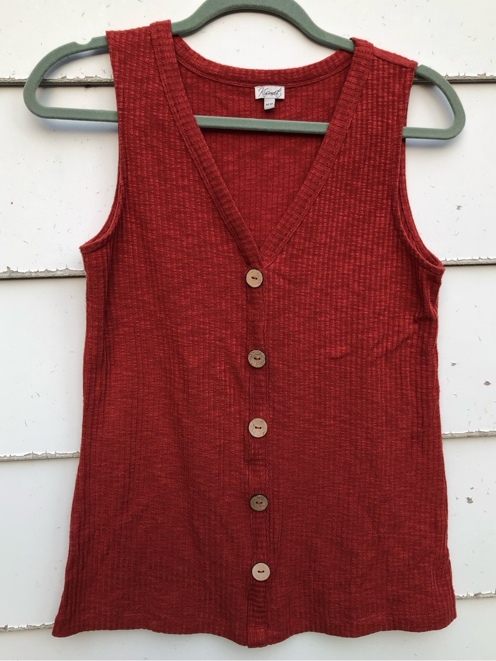 Boho Kismet Ribbed V-Neck Natural Button Tank Top in Burnt Orange Red